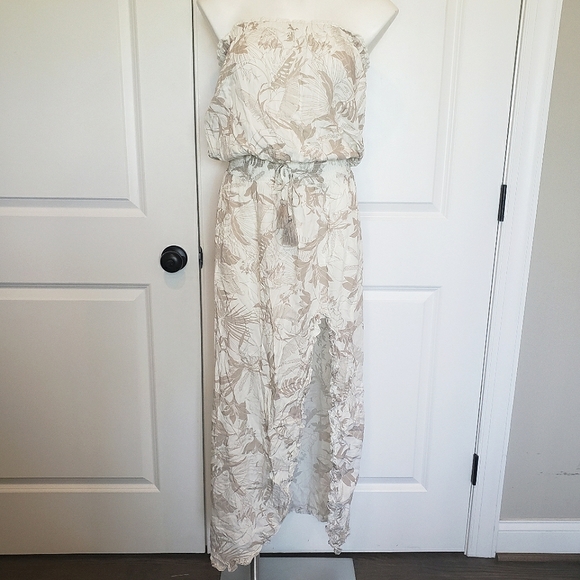 NWT Surf Gypsy Tan White Tropical Floral Strapless Slit Maxi Dress Swim Cover S - Picture 2 of 11